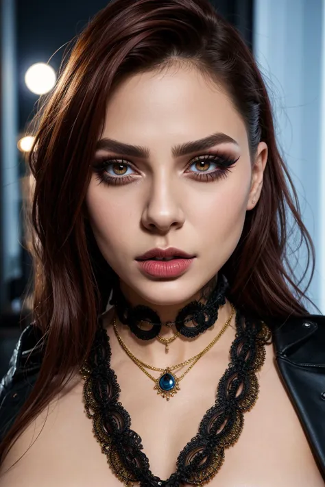 raw photo, full body shot photo, photorealistic, glamour photography of a stylish russian hipster girl, edgy vibe, dark, mascara, eyeliner, dark cheeks, expressive lips, Unique facial piercings, alluring necklace, stylish sexy streetwear, alluring thighs, aesthetic tattoos on her body, almond shaped eyes, Dimples, Smoky eye makeup, Defined jawline, skin pores, shiny skin,
grainy, harsh flash lighting, realistic skin texture, highly detailed photography, 3d, vibrant, insanely detailed, hyperdetailed, expressive provocative face expression, detailed alluring background