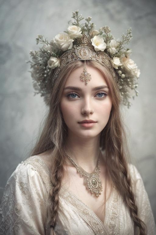 A woman with long hair wearing a white dress and a flower crown - SeaArt AI