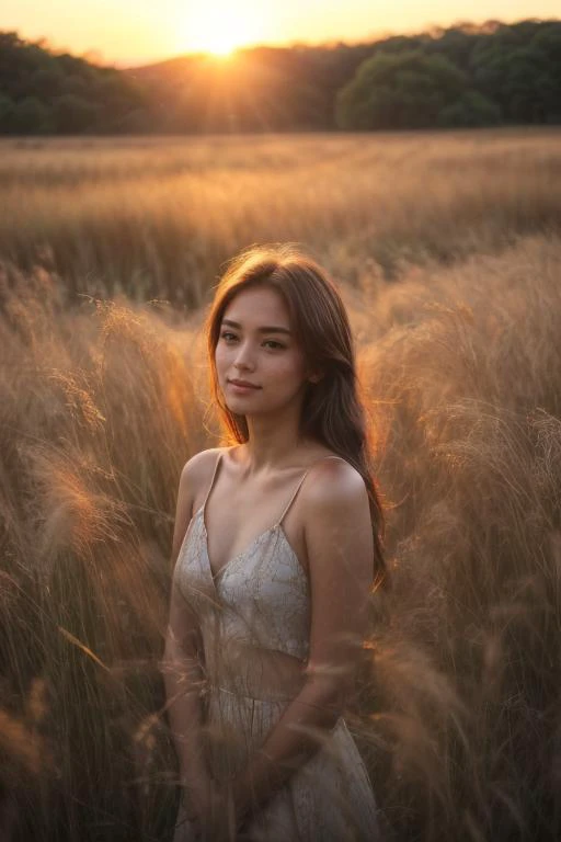 A 22-year-old woman stands in a field of tall grass, the sunset casting a warm glow on her face. Masterpiece,<lora:ReaLora:0.4>, <lora:hairdetailer:0.4>, <lora:more_details:1>,  <lora:breastsizeslideroffset:0.2>