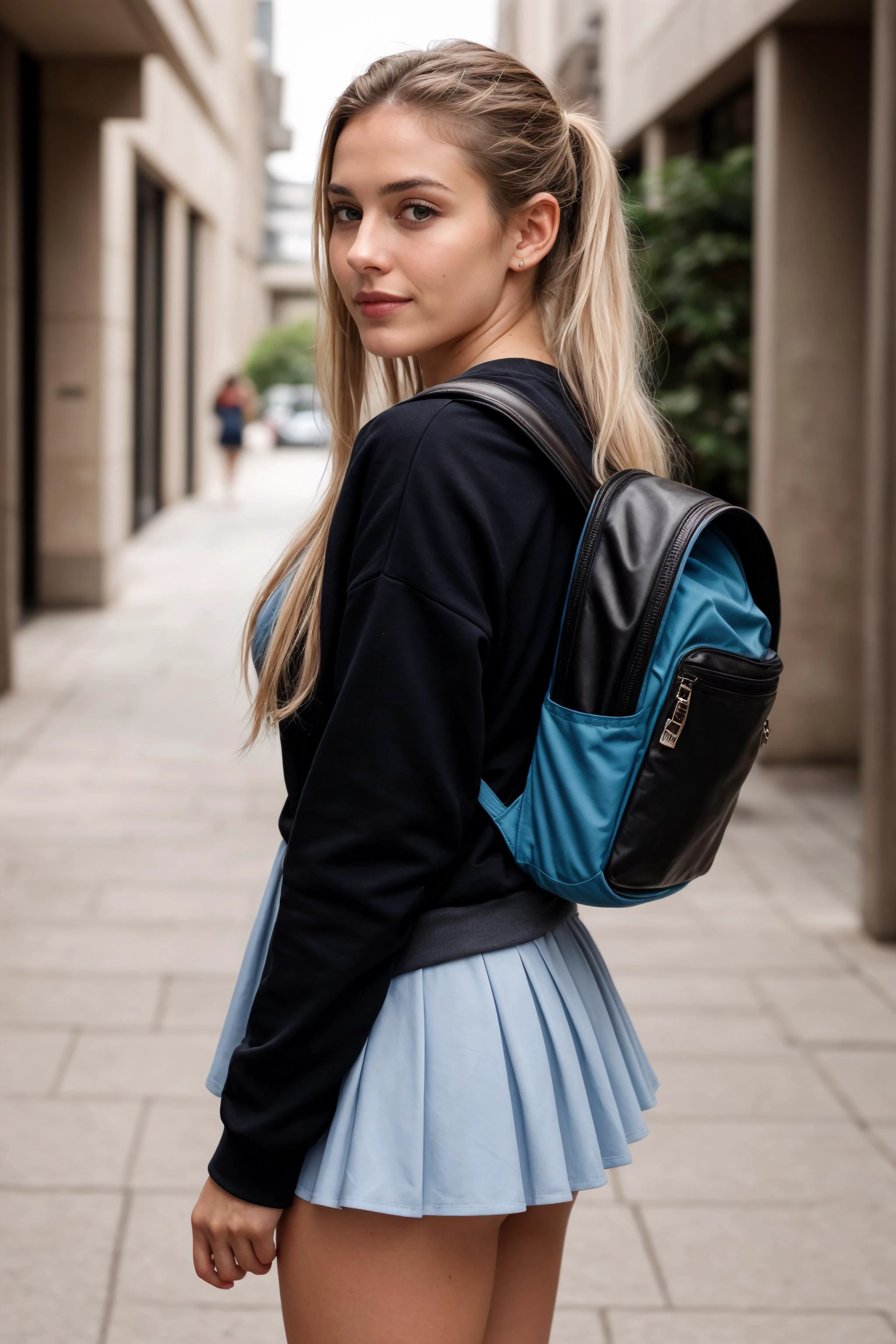 epiCPhoto, RAW photo, 8k uhd, dslr, high quality, film grain, Fujifilm XT3, 3/4 view, from side, A stunningly gorgeous 18-year-old girl wearing light makeup and looking away from the viewer is walking mid-stride down a university hallway wearing an extremely short white pleated flared skirt which shows (underbutt:1.2) and a tight dark sweatshirt. She wears ankle socks and Chucks. She has a backpack on her back. She has long platinum blonde hair in pigtails and very pale blue eyes and a thin petite lithe frame and small breasts. She is outgoing and very happy. Extremely detailed facial features
<lora:add_detail:0.5>
<lora:picxer_real:0.7>