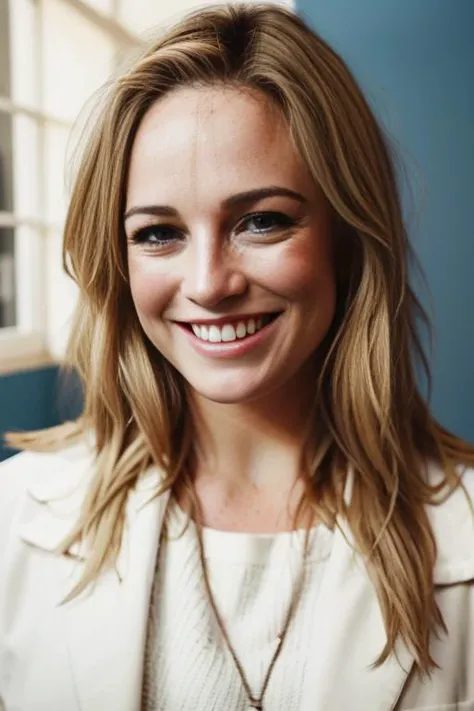 <lora:c41tyl0tz:0.9>, a Realistic photo of c41tyl0tz woman with blue eyes and blonde Hair style, long hair, looking at viewer, blue eyes, simple background, shirt, white background, white shirt, upper body, teeth, grin, lips, coat, realistic, soft lighting, professional Photography, Photorealistic, detailed eyes, RAW, analog, sharp focus, 8k, HD, DSLR, high quality, Fujifilm XT3, film grain, award winning, masterpiece