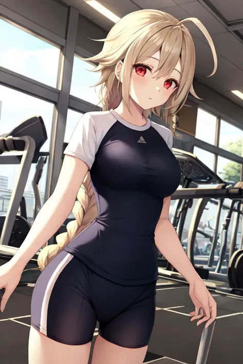 masterpiece, best quality, 1girl, lambda-11, <lora:LambdaV2:1>, blonde hair, ahoge, red eyes, (single braid), braid, medium breasts, <lora:gym_outfit:0.5>, inside gym, gym uniform,