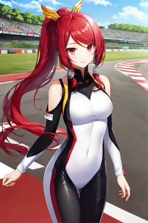 masterpiece, best quality, 1girl, izayoi \(blazblue\), red eyes, red hair, ponytail, hair tubes, bodysuit, race queen, sponsor, <lora:IzayoiV2:0.8>, depth of field, car racetrack, stadium, asphalt,