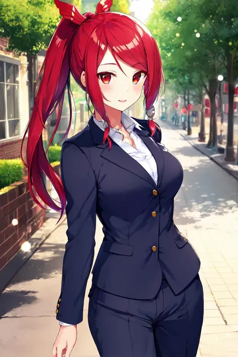 masterpiece, best quality, 1girl, izayoi \(blazblue\), red eyes, red hair, ponytail, hair ornament, hair tubes, business suit, jacket, pants, <lora:IzayoiV2:0.8>, depth of field, city, street, tree, light particles,