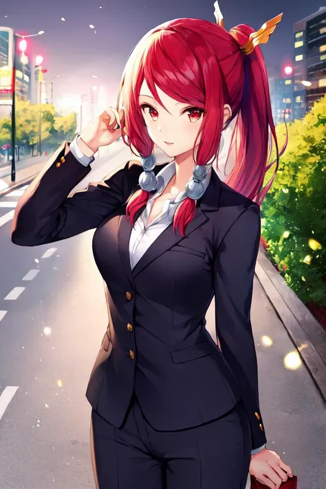 masterpiece, best quality, 1girl, izayoi \(blazblue\), red eyes, red hair, ponytail, hair ornament, hair tubes, business suit, jacket, pants, <lora:IzayoiV2:0.8>, depth of field, city, street, tree, light particles,