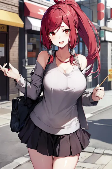 masterpiece, best quality, 1girl, izayoi \(blazblue\), red eyes, red hair, hair ornament, ponytail, large breasts, (casual clothes), skirt, street, city, <lora:Izayoi768fix-14:0.8>