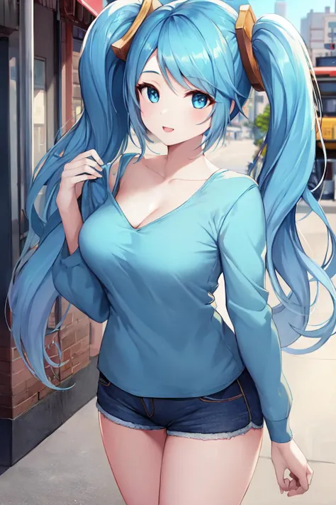 masterpiece, best quality, 1girl, solo, Sona \(league of legends\), blue hair, blue eyes, gradient hair, collarbone, twintails, hair ornament, long hair, city, street, (casual clothes), shorts, <lora:SonaV1:0.8>