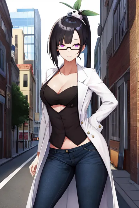 masterpiece, best quality, 1girl, solo, <lora:LitchiV2-768-14:0.8>, litchi faye ling, purple eyes, glasses, ponytail, black hair, hair ornament, medium breasts, standing, teasing, jeans, curvy, labcoat, scientist, doctor, city, street, outdoors. tight pants, shirt, mature female, assertive female,