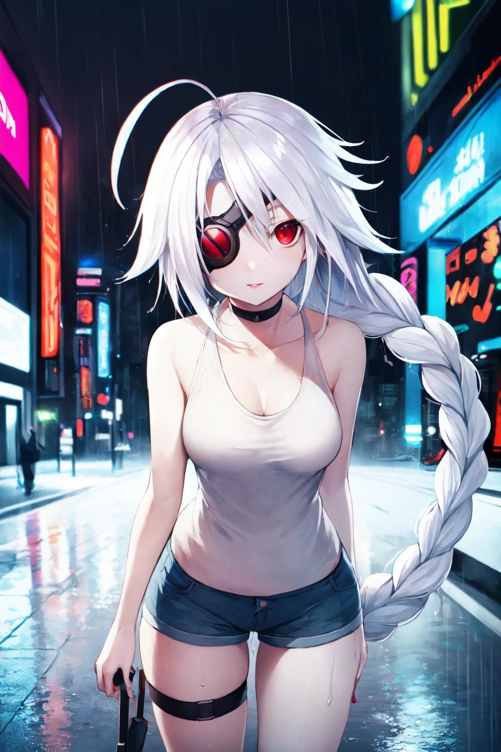 masterpiece, concept art, centered, wide shot, front view, 1girl, solo, wet, (rain, night), (<lora:Nu768fix2-14:1.2>, nu-13, white hair, ahoge, red eyes, single braid, braid, eyepatch, pale skin:1.2), tank top, shorts, nail polish, cute, stylish, wet, graffiti, city, cyberpunk, neon lights, (epic composition, epic proportion), contrast, vibrant color, volumetric lighting, HD,