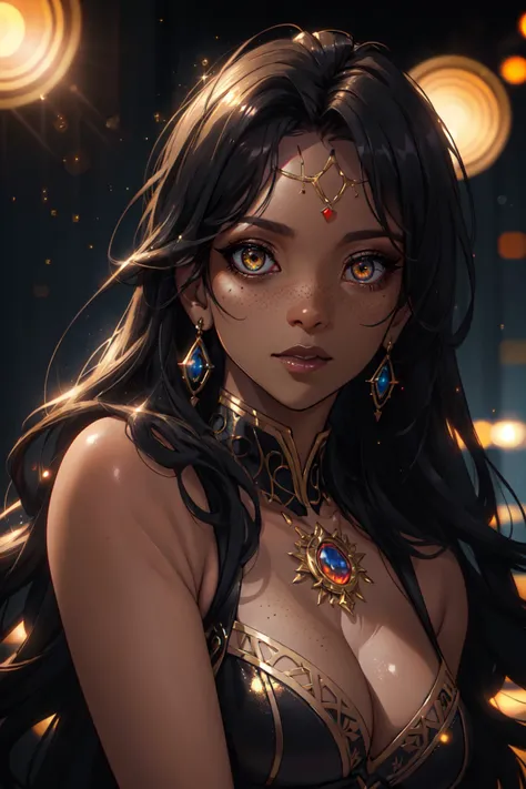 (masterpiece, best quality, hires, high resolution:1.2), (extremely detailed, intricate details, highres), 1girl, an eye contact of a Ugandan woman, (black skin:1.3), yellow spotlight, dark theme, lonely, Lavish, Matte black eyeshadow with a cut crease, metallic lipstick, golden ratio, Almond-shaped eyes, Freckles, indietronica, soft lighting, bokeh LimitBreakStyler