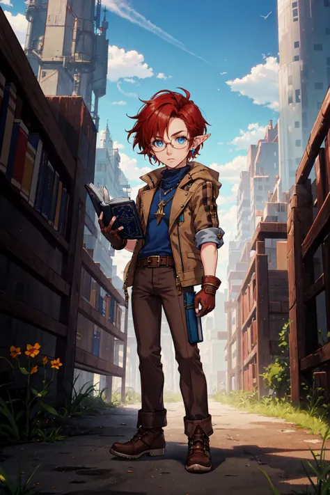 1boy,solo, pointy ears, chibi,  belt, blue eyes, book, brown hair, brown pants, earrings, fingerless gloves, glasses, gloves, holding, holding book, jacket, jewelry, looking at viewer, male focus, open book, outdoors, pants, red hair, short hair, standing, weapon