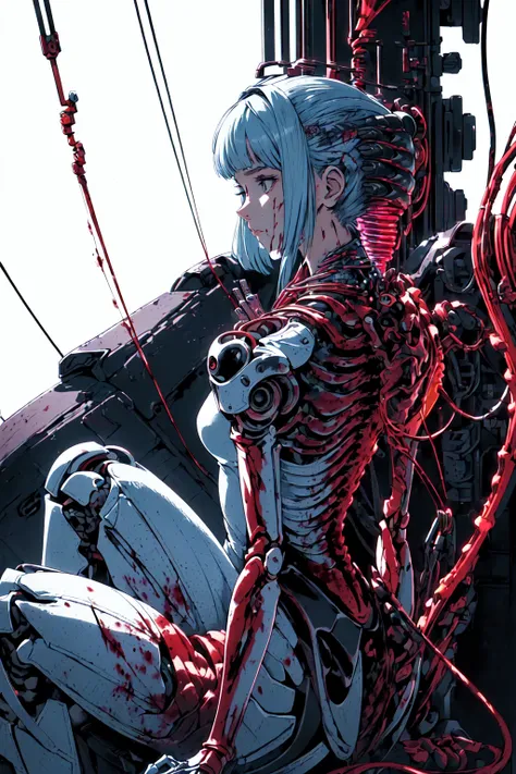 (masterpiece, top quality, best quality, official art, beautiful and aesthetic:1.2), (1girl:1.3), extreme detailed,colorful,highest detailed ((ultra-detailed)), (highly detailed CG illustration), ((an extremely delicate and beautiful)),(from side),cinematic light,((1mechanical girl)),solo,full body,(machine made joints:1.2),((machanical limbs)),(blood vessels connected to tubes),(mechanical vertebra attaching to back),((mechanical cervial attaching to neck)),(sitting),expressionless,(wires and cables attaching to neck:1.2),(wires and cables on head:1.2)(character focus),science fiction,white background,(blood:1.5)