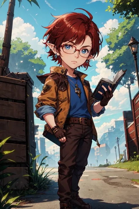 1boy,solo, pointy ears, chibi, belt, blue eyes, book, brown hair, brown pants, earrings, fingerless gloves, glasses, gloves, holding, holding book, jacket, jewelry, looking at viewer, male focus, open book, outdoors, pants, red hair, short hair, standing, weapon