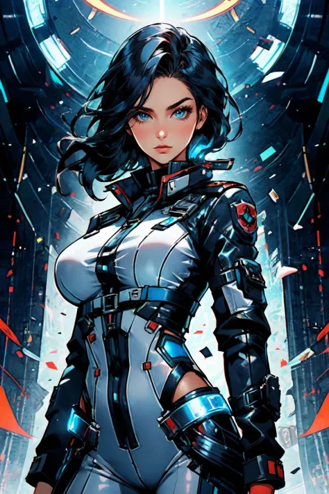 <lora:Margo Style:1> Margo Style, girl , beautiful, facing viewer, cowboy shot, large breasts,
futuristic soldier, pilot helmet under arm,