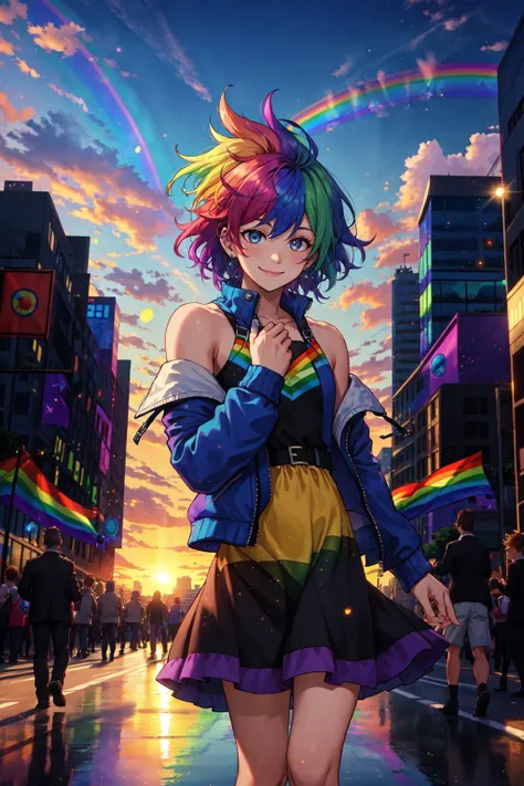 best quality, masterpiece, ultra high res, 1boy, male focus, non binary, blocky shoulders, rainbow hair, gay pride flag dress, gender diverse, pride flag, long sleeve, jacket, shirt, smile, pride parade, outdoors, city, sunset, specular reflection, tonemapping, particle effects