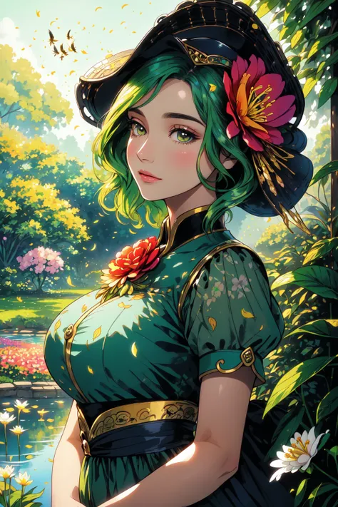(masterpiece:1.2, best quality), (real picture, intricate details), (1lady, solo, upper body:1.2), big tits colorful garden, with blooming flowers of all shapes and sizes. The air is thick with the sweet fragrance of roses and jasmine. A small pond shimmers in the sunlight, its surface dotted with lily pads. In the distance, a pair of peacocks strut about, their feathers glistening in the sun. Bees buzz about, pollinating the flowers and adding to the lively energy of the scene.