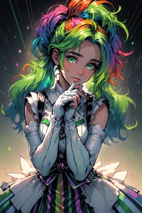 (masterpiece, best_quality, ultra-detailed, immaculate:1.3), epic, illustration, render, volumetric lighting, welcoming, Finger Lime entity, see-through gossamer, , in Japan, striped elbow gloves, neon green color scheme, multicolored hair, bombshell hair, rainbow hair, half updo,Blowout Curls, upside-down<lyco:EnvyRadioactive01-sd15-d:1> <lora:Niji_Slime:0.3>
