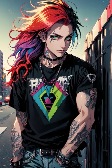 1boy, solo, (male focus:.7), transgender male, red hair, white hair, green eyes, two tone hair, long hair, wearing a yellow and green x-men shirt, 90s aesthetic, curly hair, denim jeans, goth eye liner, wristband, emo punk style, (punk:1.5), jewelry, depth of field, tattoos, minneapolis, (night sky:1.2), wind swept hair, (seductive), (sitting on the sidewalk:.6), shy, (sidelighting), (volumetric lighting), BREAK PonyXLV6_Scores