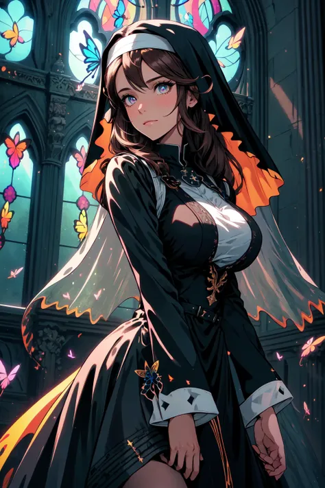 official art, unity 8k wallpaper, ultra detailed, beautiful and aesthetic, High quality, beautiful, masterpiece, best quality, (zentangle, mandala, tangle, entangle:0.6), 1girl, solo, blue butterfly, breasts, veil, nun, butterfly, large breasts, bug, bangs, long hair, long sleeves, dress, black dress, looking at viewer, brown hair, closed mouth, gothic church scene, side lighting, rim lighting, demonic view, indoors, hair between eyes, underboob, sky, window, pillar, pelvic curtain, water splash, wind swept, glitter,ultra sharp