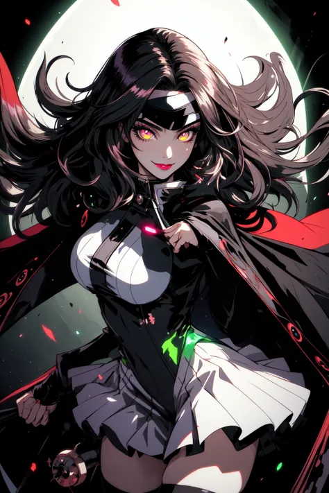 (masterpiece:1.2, best quality), (real picture, intricate details), (1lady, solo, upper body:1.2), epic, illustration, render, volumetric lighting, welcoming, see-through gossamer, in Japan,official art, masterpiece,1girl, solo, long hair, looking at viewer, smile, large breasts, thighhighs, dress, jacket, magic, black thighhighs, zettai ryouiki, makeup, floating hair, bodysuit, cape,headband, glowing, thigh boots, lipstick, glowing eyes, clenched hands, aura, green theme, black lips,specular highlights, ultra detailed, mika pikazo, yonemaya mai, detailed face detailed eyes, (zentangle, mandala, tangle, chaos, disorder, spider webs, entangle:0.6), dynamic angle, side lighting, shiny skin,