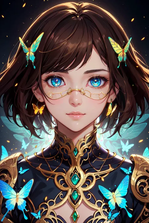 8k portrait of beautiful cyborg with brown hair, intricate, elegant, highly detailed, majestic, digital photography, art by artgerm and ruan jia and greg rutkowski surreal painting gold butterfly filigree, broken glass, (masterpiece, sidelighting, finely detailed beautiful eyes: 1.2), hdr, (THIS IS LITERALLY THE DREAMSHAPER GIRL GO BUG LYKON XD)