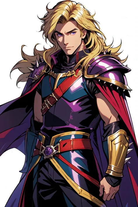 solo, long hair, blonde hair, 1boy, male focus, cape, armor, shoulder armor, spikes, shoulder spikes, purple cape