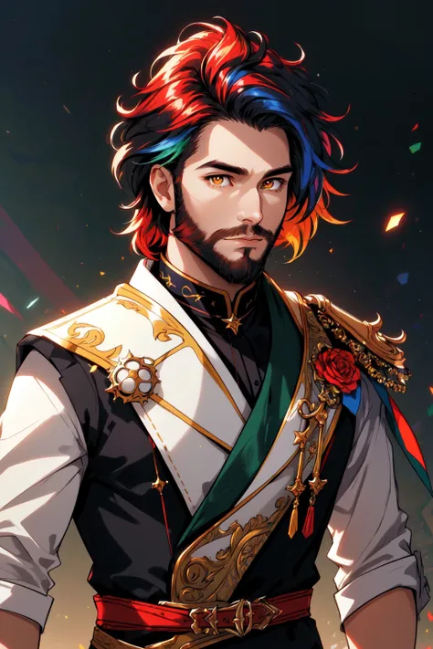 1boy, male focus, beard, stubble, facial hair, multicolored hair, crown, god, (masculine), red eyes, (masterpiece, best quality, ultra-detailed, highres), ((solo)), perfect face, sidelighting, lustrous skin,(bloom), (shine), lighting, ray tracing, sci-fi,1boy, male focus, yellow eyes, depth_of_field,very detailed background, highly detailed background, Masterpiece, Ultra detailed, great composition,Dynamic angle,(Highest picture quality), (Master's work), extreme light and shadow, masterpiece, rich in detail, (highest quality), (masterpiece), (extremely detailed CG unity 8k wallpaper),(masterpiece), (best quality), (ultra-detailed), (best illustration),(best shadow),perfect lighting , perfect anatomy , vivid colors, (masterpiece),
