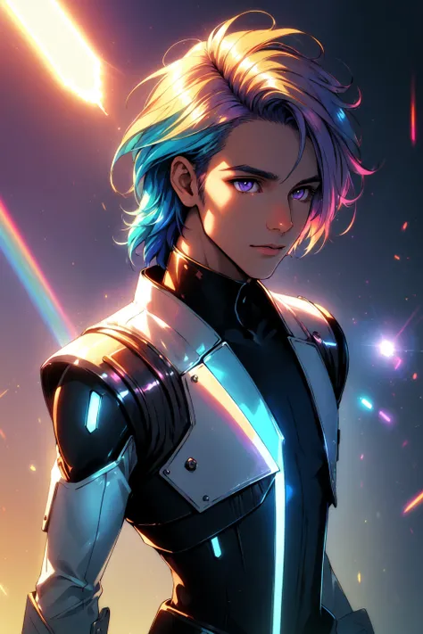 (masterpiece, best_quality, ultra-detailed, immaculate:1.3), epic, illustration, render, volumetric lighting, welcoming, see-through gossamer, in Japan,1boy, solo, male focus, transgender male, flat chest, blue hair, blonde hair, purple eyes, two tone hair, depth of field, standing in a spaceship, (fantasy), (lens flare, light leak, prismastic), shiny skin, cg, (sidelighting), (cyberpunk), dynamic angle, (close up)