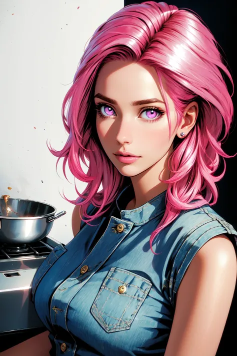 woman, solo, chef, pink hair, light pink eyes, detailed face, ([Elizabeth Banks|Adriana Lima|Salma Hayek]:0.85), (thepit style, uodenim style, stanleylau style, :0.9), masterpiece, professional, high quality, beautiful, amazing, sci-fi, ConceptArtWorld, chanchanko, Steve Dillon, Jean Giraud, photoshoot, 4k, realistic, detailed background, aspiring, real life,