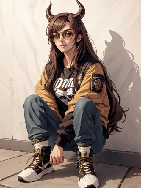 full body, highres, 8k, eyeliner, eyeshadow, makeup, Quilted bomber jacket, graphic tee, mom jeans, high-top sneakers, aviator sunglasses, hud_hrnd_wg, long brown wig hair, bangs, horns, <lora:hud_hrnd_wg:0.6>, colonial-style,