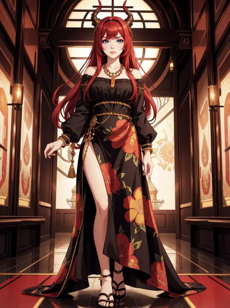 full body, highres, 8k, eyeliner, eyeshadow, makeup, Long sleeve maxi dress, empire waist, floral print, strappy sandals, beaded necklace, hud_hrnd_wg, red long hair wig, bangs, horns, <lora:hud_hrnd_wg:0.5>, modern russian architecture,