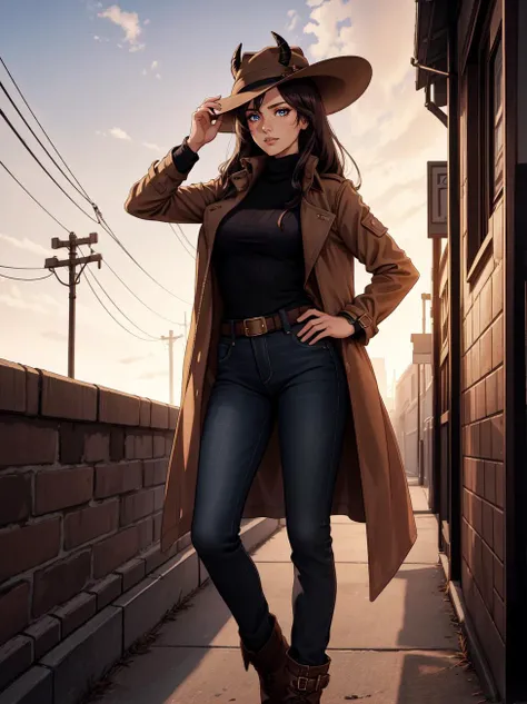 full body, highres, 8k, eyeliner, eyeshadow, makeup, Suede trench coat, flare jeans, turtleneck, ankle boots, floppy hat, statement watch, hud_hrnd_wg, long hair, bangs, horns, <lora:hud_hrnd_wg:0.5>, angular,