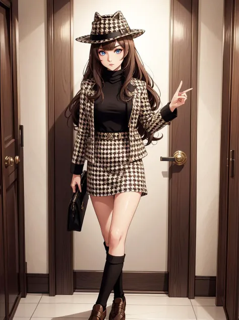 full body, highres, 8k, eyeliner, eyeshadow, makeup, Houndstooth print jacket, wool skirt, turtleneck top, with brogues and a fedora, hud_hrnd_wg, long brown wig hair, bangs, horns, <lora:hud_hrnd_wg:0.6>, transition,