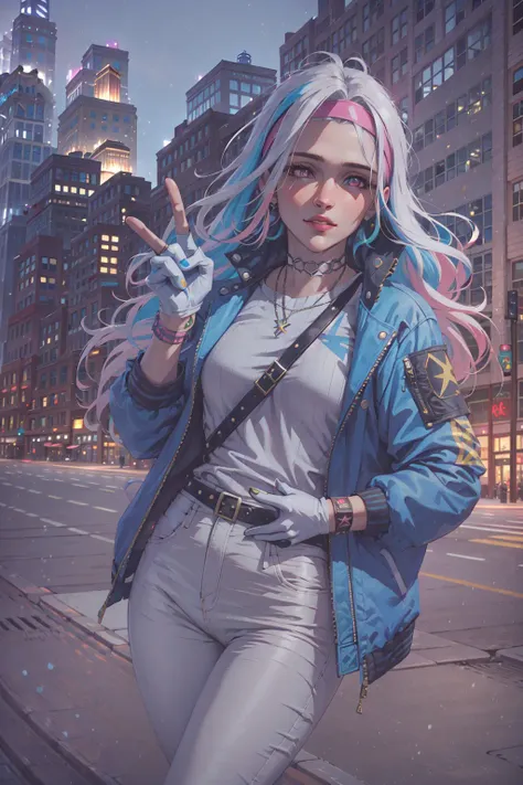 (masterpiece, best illustration, extreme light and shadow), (1boy:.6), solo, (non binary:.8), (girl focus:.7), (mature:.9), transgender female, white hair,  two tone hair, jacket, blue jacket, pink gloves, pink eyes, white hair, headband, white denim jeans, multicolored hair,  blue headband,  multicolored clothes,  hair behind ear,  long hair, green bodysuit, looking at viewer, open jacket, yellow jacket, arm up, multicolored bodysuit,  goth eye liner, wristband, emo punk style, (punk:1.5), jewelry,(dynamic angle), (two fingers showing a peace sign, hand up), depth of field, tattoos, (downtown minneapolis:2),, (best sunlight:.8), (lens flare:.9), (fantasy scene:1.3), (superhero:.4), (rogue of the x-men:1.2), wind swept hair, (conservative clothing:.3),  (sidelighting), (volumetric lighting), xdusky1