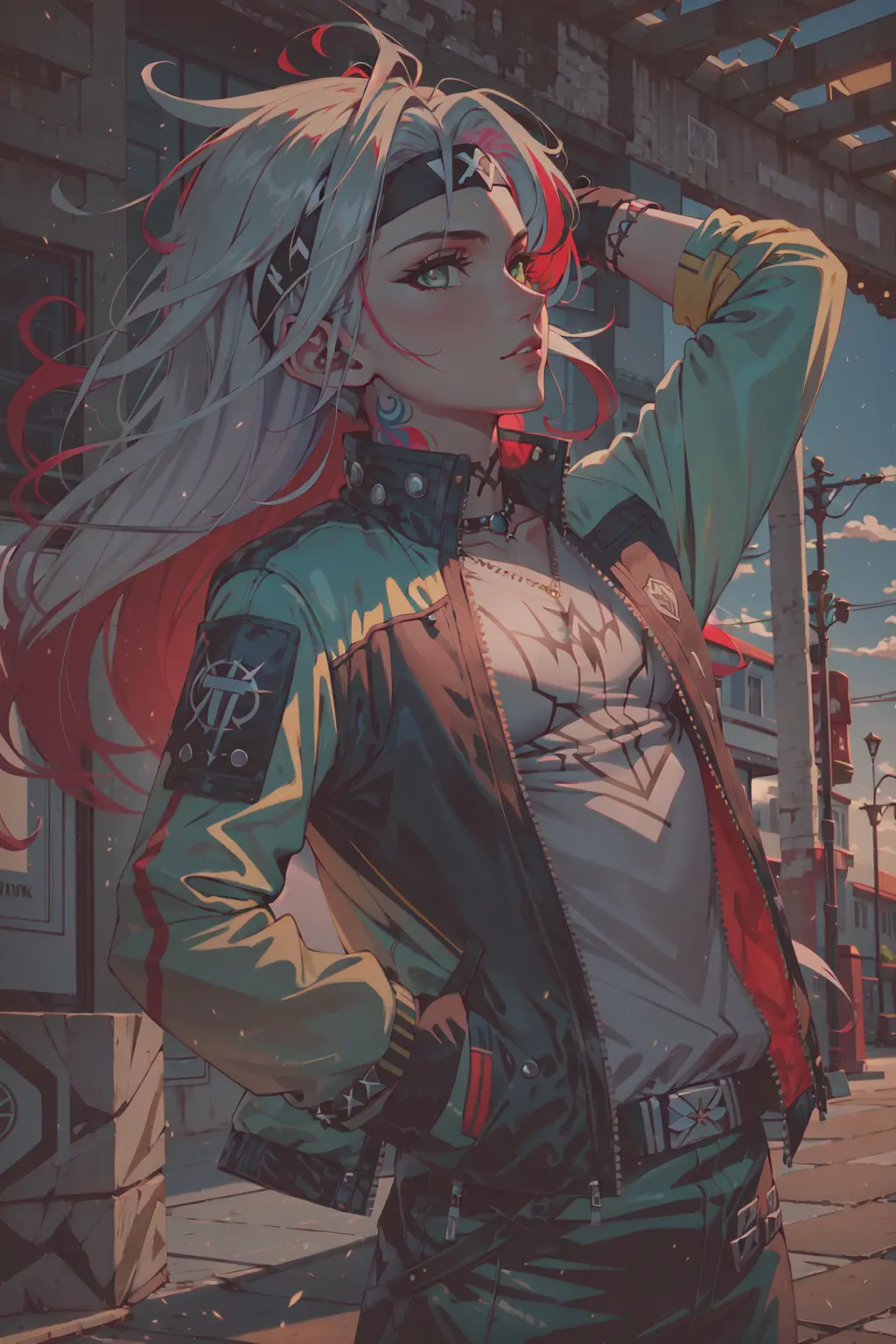 (masterpiece, best illustration, extreme light and shadow), 1boy, solo, (male focus:.7), transgender male, red hair, white hair, green eyes, two tone hair, jacket, green jacket, gloves, green eyes, white hair, headband, bodysuit, yellow gloves, yellow bodysuit, multicolored hair, black headband, looking up, multicolored clothes, hair behind ear, long hair, green bodysuit, looking at viewer, open jacket, yellow jacket, arm up, multicolored bodysuit, goth eye liner, wristband, emo punk style, (punk:1.5), jewelry, depth of field, tattoos, minneapolis, (superhero:.4), (rogue of the x-men:1.2), wind swept hair, (seductive), (sidelighting), (volumetric lighting), xdusky1