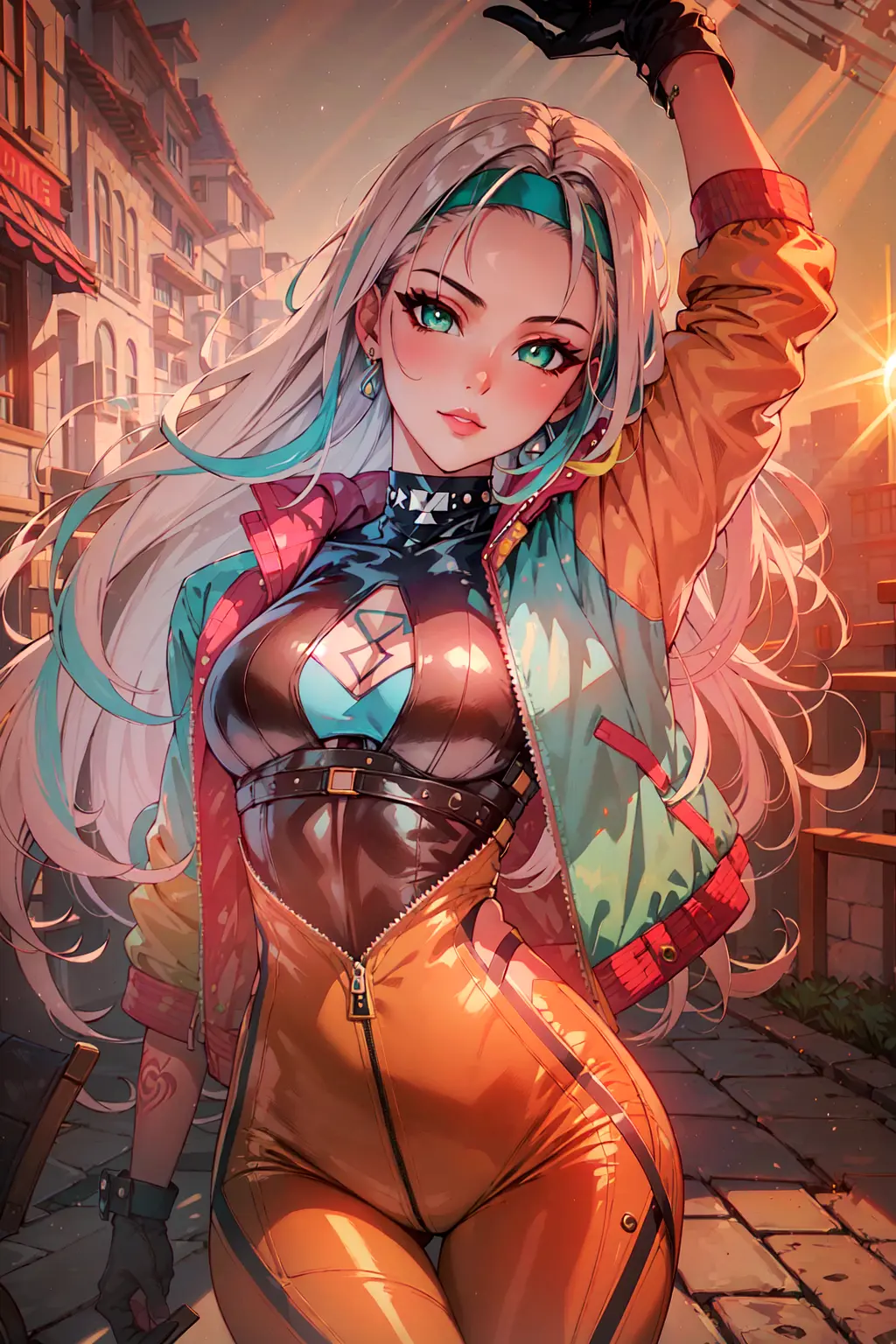(masterpiece, best illustration, extreme light and shadow), (1boy:.6), solo, (non binary:.8), (girl focus:.7), (mature:.9), transgender female, red hair, green eyes, two tone hair, jacket, green jacket, gloves, green eyes, white hair, headband, bodysuit, yellow gloves, yellow bodysuit, multicolored hair, black headband, looking up, multicolored clothes, hair behind ear, long hair, green bodysuit, looking at viewer, open jacket, yellow jacket, arm up, multicolored bodysuit, goth eye liner, wristband, emo punk style, (punk:1.5), jewelry, depth of field, tattoos, minneapolis, (best sunlight:1.8), (lens flare:.9), (fantasy scene:1.3), (superhero:.4), (rogue of the x-men:1.2), wind swept hair, (conservative clothing:.3), (kawaii pastel:1.2), (sidelighting), (volumetric lighting), xdusky1