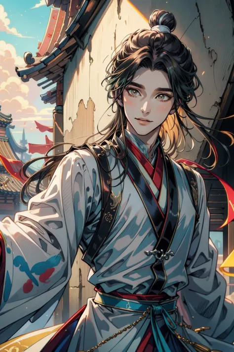 (Masterpiece:1.4), (best quality:1.2), <lora:xie_lian-000012:1>, xie lian, 1boy, male focus, chinese clothes, hair bun, bishounen