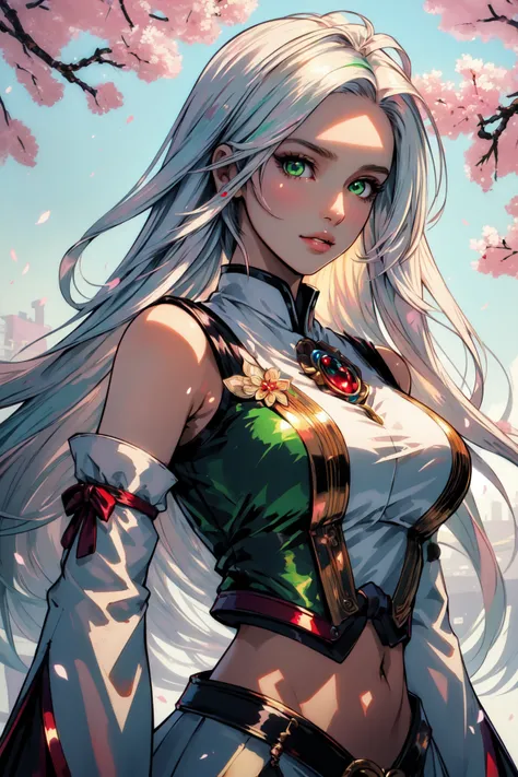 (masterpiece, best_quality, ultra-detailed, immaculate:1.3), epic, illustration, render, volumetric lighting, welcoming, see-through gossamer, in Japan,1girl, solo, long hair, green eyes, white hair, hair ornament, detached sleeves, midriff, breasts, lips, looking at viewer,bare shoulders, medium breasts, cherry blossoms, upper body,