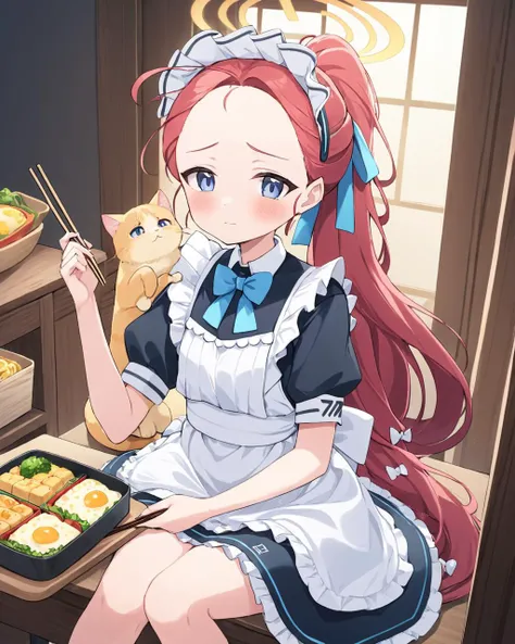 yuzu \(maid\) \(blue archive\),1girl, halo, maid_headdress, maid_apron, cat, blush, bento, black_dress, forehead, solo, white_apron, omelet, animal, indoors, sitting, holding_chopsticks, puffy_short_sleeves, frilled_apron, ponytail, white_bow, enmaided
<lora:yuzu_(blue_archive)_image343_2023-11-18_spv-000035:1>. gorgeous,key visual, vibrant, studio anime,award-winning, professional, highly detailed,high budget, cinemascope