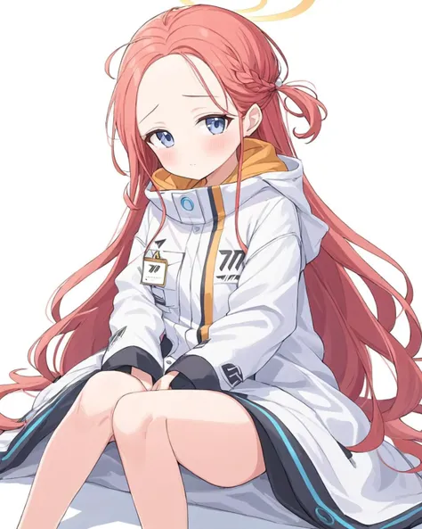 (((masterpiece, high quality,4K resolution))), blue eyes, fine eyes, red hair, long hair, white coat, small breasts,no text,(((coat over naked,)))orgasm,cum in pussy, Hotel,indoor,on the bed,cum on chest