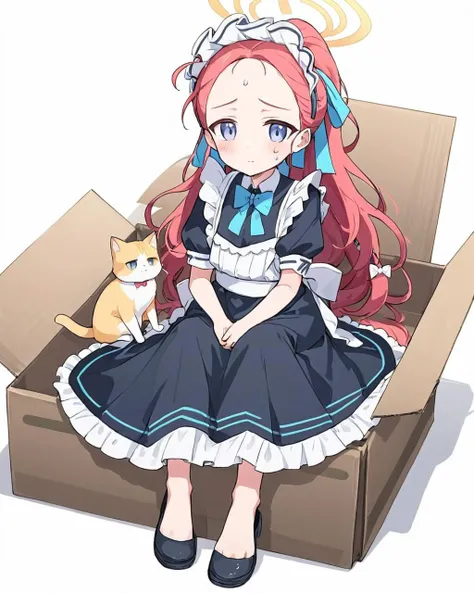 yuzu \(maid\) \(blue archive\),1girl, cardboard_box, halo, barefoot, forehead, black_footwear, black_dress, white_background, white_bow, maid_headdress, maid, maid_apron, solo, in_box, sweat, blue_bow, looking_at_viewer, blush, frilled_apron, closed_mouth, white_apron, single_shoe, full_body, shadow, simple_background, hair_bow, shoes_removed, bowtie, puffy_short_sleeves, sitting, frilled_dress, holding_cat
<lora:yuzu_(blue_archive)_image343_2023-11-18_spv-000035:1>. gorgeous,key visual, vibrant, studio anime,award-winning, professional, highly detailed,high budget, cinemascope