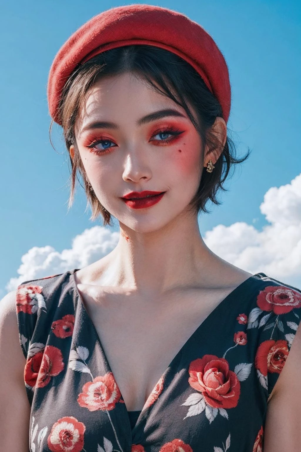 blue sky and cloud,dark lighting,1girl,(red makeup:1.5), smile, short hair,sun,beret,red rose,blue rose, Tattoo
<lora:Super_Face_Science:0.6>
