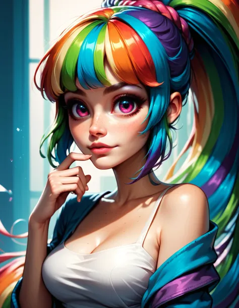 score_9, score_8_up, score_7_up, score_6_up, score_5_up, score_4_up, woman with sexy body, with extremely long ponytail, rainbow hair, very cute face, big eyes