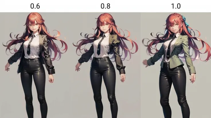 <lyco:vofan-10:0.6>, (masterpiece:1.1), (best quality:1.1), 1girl, black necktie, black pants, , red hair, buttons, (closed mouth), collared shirt, eyelashes, grey shirt, hair between eyes, lips, long hair, long sleeves, looking to the side, medium breastsie, pants, puffy long sleeves, puffy sleeves, ringed eyes, shirt, sidelocks, simple background, smile, solo, standing, teeth, white background, yellow eyes, (full body)