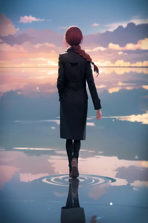 <lyco:vofan-14:0.7>, <lora:GoodHands-beta2:0.8>, <lora:makima_offset:0.6>, narrow waist, wide hips, masterpiece, best quality, 1girl, black coat, braid, coat, day, facing away, from behind, hands in pockets, long hair, long sleeves, outdoors, red hair, sidelocks, sky, solo, clouds, reflection