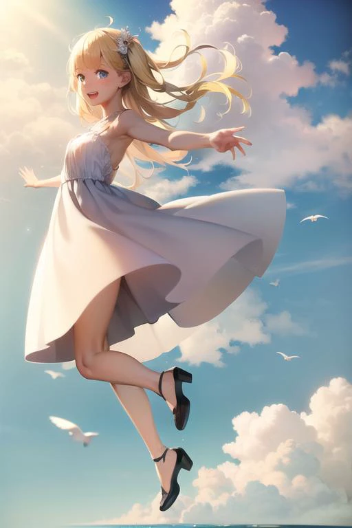 <lyco:vofan-10:0.7>, masterpiece, best quality, 1girl, :d, bird, blonde hair, blue eyes, cloud, dove, dress, flock, from side, full body, open mouth, outstretched arms, sky, sleeveless, smile, white dress