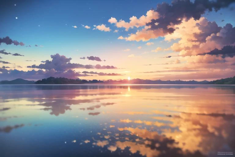 <lyco:vofan-12:0.7>, <lora:GoodHands-beta2:0.8>, masterpiece, best quality, blue sky, cloud, day, no humans, outdoors, reflection, scenery, sky, symmetry, sunset