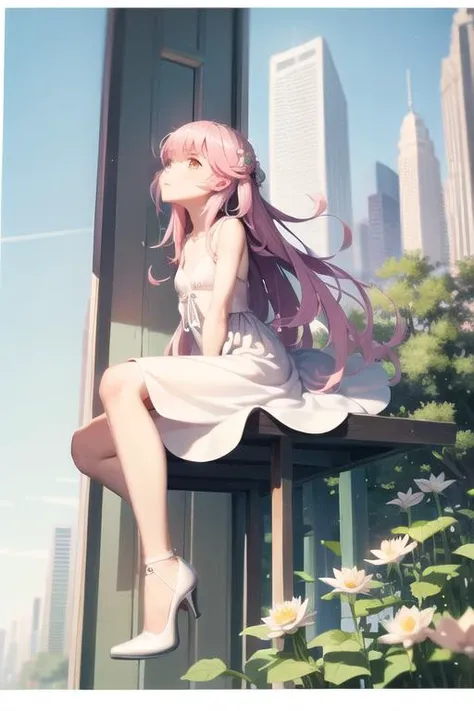 <lyco:vofan-14:0.7>, <lora:GoodHands-beta2:0.8>, masterpiece, best quality, 1girl, arms behind back, birdcage, building, cage, dress, flower, from below, letterboxed, long hair, looking up, lotus, outdoors, pink hair, sitting, skyscraper, solo, white dress, white footwear, yellow eyes
