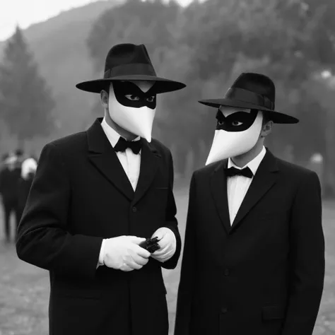 cinematic film still of  <lora:spy vs spy style:1>
black vs white a couple of people in costumes standing next to each other spy vs spy style,hat,multiple boys,2boys,mask,formal,suit,crossover,top hat,fedora cartoon, anime, funny, shallow depth of field, vignette, highly detailed, high budget, bokeh, cinemascope, moody, epic, gorgeous, film grain, grainy