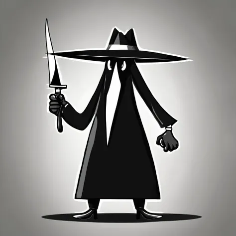 cartoon image of a spy with a big hat is holding a sharp knife, spy vs spy style
<lora:spy vs spy style:1>